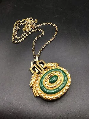 Moon Drop Solid Perfume Pendant Necklace Gold Tone & Green Enamel Compact Locket • $45