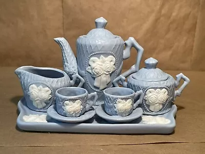 VTG 10Pc Blue Bisque White Rose Victorian Wedgwood  Miniature Tea Set • $50
