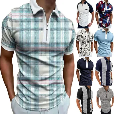 £12.59 • Buy Mens Plaid Short Sleeve Polo Shirt Casual Zipper Slim Fit Golf Sport Tops Tunic