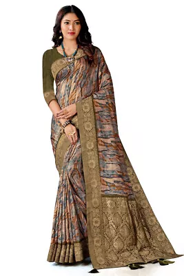 Indian Multi Digital Print Embroidery Work Sari Viscose Silk Party Wear Saree • $104.95