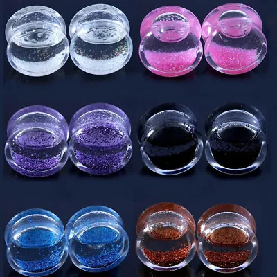 2X Liquid Glitter Transparent Acrylic Flesh Tunnel Flare Ear Plug Gauge 6mm-16mm • £3.79