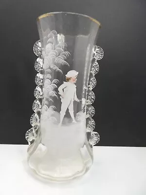 Antique Mary Gregory Hand Painted Boy With Insect Net Ruffle Edge Vase Victorian • $145