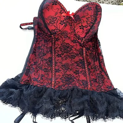 New Baci Corset Bustier Garters Merrywidow Red & Black Lace Ruffle 1X 2X 18 20 • $19.16