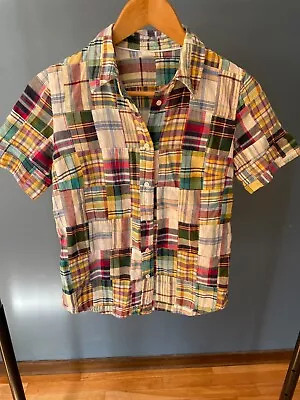 J. Crew Women's Sz 2 Madras Patchwork Plaid S/S Button Up Shirt Top Barely Worn • $23.95