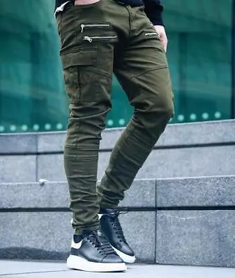 New Men Slim Cargo Pants Casual Multiple Pockets Long Trousers Zipper Solid Pant • $26.13
