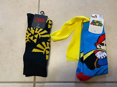 Bioworld Nintendo: The Legend Of Zelda Mario 2 Pair Crew Sock Shoe Size 8-12 NEW • $12.90