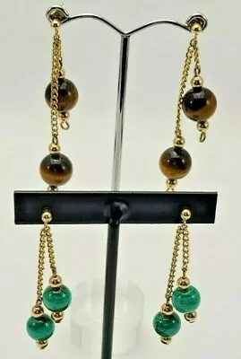 Lot Of Two Pairs 14K Gold And Malachite + Tiger Eye Round Bead Dangle Earrings   • $175