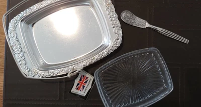 £5.99 • Buy Silver Plated Butter Dish With Glass Insert & Knife