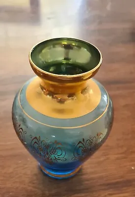 Vintage Laguna Azure Blue Glass Vase  With 9ct Gold Trim. • $50
