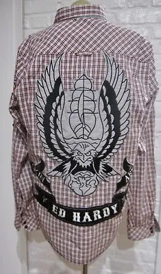 ED HARDY ART Men’s Burgundy And White Plaid Shirt Size M Eagle Ship Patches A++ • $75