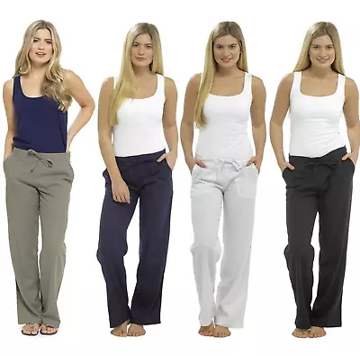 Ladies Linen Trousers Womens Premium Rib Back Summer Casual Pants Sizes 10 - 24 • £15.86