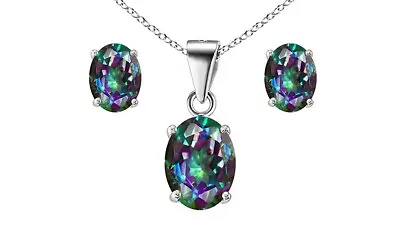 925 Sterling Silver Mystic Oval Cut Pendant Necklace And Earring Set For Women • $14.99