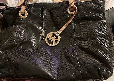 Michael Kors Jet Set Travel Black Python Embossed Leather Tote Handbag Purse • $29.78