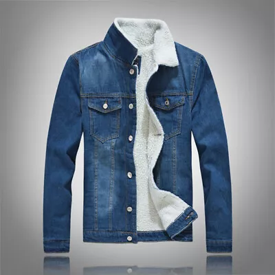 Coat Denim Jean Jacket Outwear Men Fleece Lined Winter Warm Fur Collar Truc ❤️ • $73.15