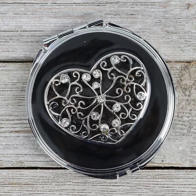 Compact Heart Mirror 3 In Black Heart Filigree With Crystals Great Condition • $23