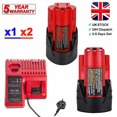 2-Pack For Milwaukee M12 12V Li-ion XC Battery 48-11-2420 2401 M12B2 & Charger • £16.59