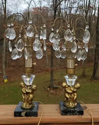 Pair Of Vintage Waterfall Cherub Lamps With Marble Base • $225