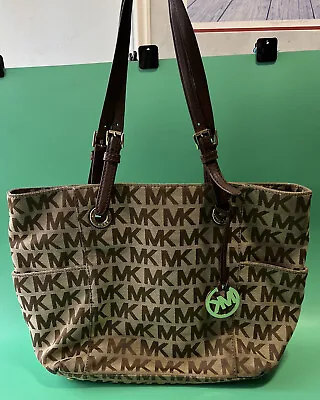 Vintage Michael Kors MK Canvas Jacquard Signature Logo Handbag Or Tote East West • $36