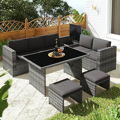 Rattan Garden Furniture 7 Seater Corner Sofa Stool Dining Table Outdoor Set Grey • £479.99