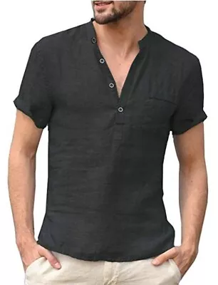 Mens Casual Button V Neck Beach Summer Tops Linen Solid Color Short Sleeve Shirt • $25.13