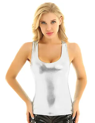 £5.36 • Buy Women's Shiny Metallic Vest Crop Tops Ladies Slim Fit T Shirt Tank Tops Blouse