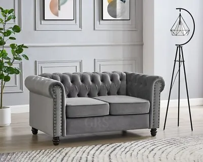 Chesterfield 2 Seater Grey Velvet Fabric Modern Design Couch Sofa Upholstered • £229.99