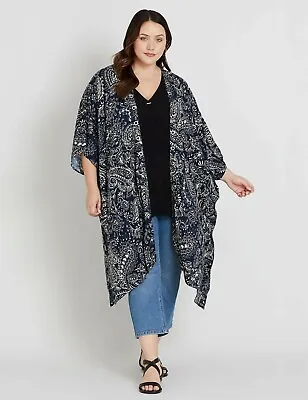 Kimono Cover-Up Plus Size M 20-22 Beme Viscose 3/4 Sleeve Navy Paisley R$100 NEW • $33.99