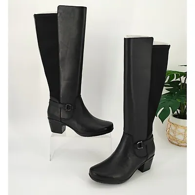 Clarks Women's Emslie March Black Leather Cuir Noir Boots Size 7 • $89