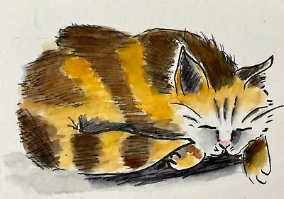 ACEO Original Miniature Pen And Wash Sketch Of A Sleeping Kitten. Original Art. • £5