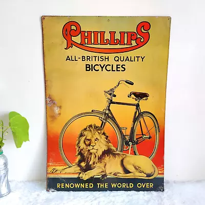 1950 Vintage Phillips Bicycles Advertising Litho Tin Sign Rare Collectible TS433 • $1566.29