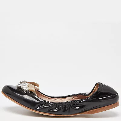 Miu Miu Black Patent Leathre Crystals Embellished Scrunch Ballet Flats Size 38 • $205.80