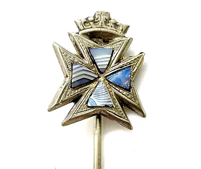 Antique Victorian Sterling Silver Blue Lace Agate Inlay Crown Maltese Cross Pin • £55