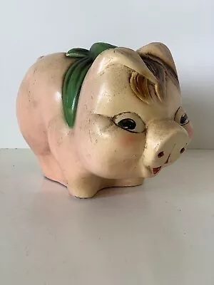 Vintage Pink Pig With Green Bow Ceramic/Plaster Piggy Bank • $3.99