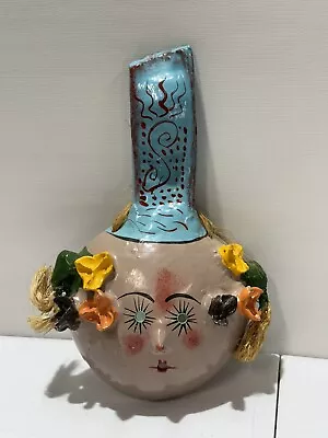 Vintage Folk Art Coconut Shell Mask Hand Painted Mexico Face Flowers Girl • $25