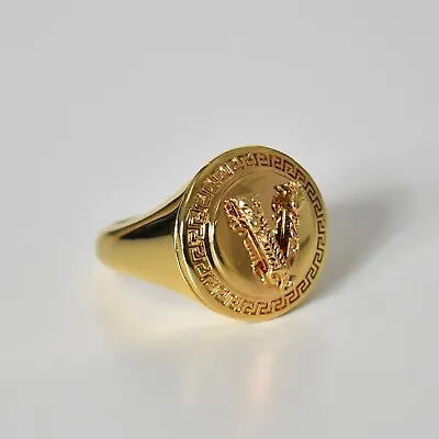 VERSACE Virtus Gold Tone V Logo Metal Signet Ring Size 8.5 US / 19 IT Authentic • $249