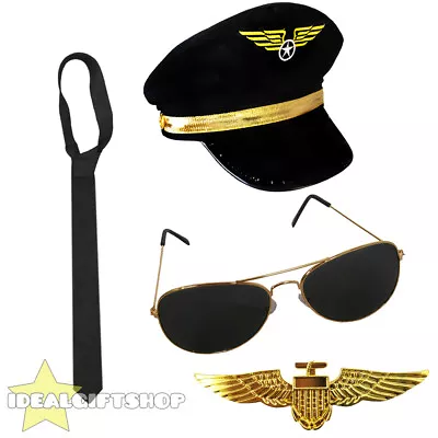 £15.99 • Buy Deluxe Adult Mens Airline Captain Set Aviator Aviation Costume Accessory Pilot