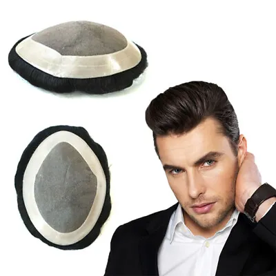 Mens Human Hair Replacement System Hairpiece Fine Mono Skin Poly Coating Toupee • $69.99