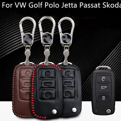 Leather Car Key Fob Cover Case Holder For Volkswagen Golf Jetta Passat Skoda • $13.29