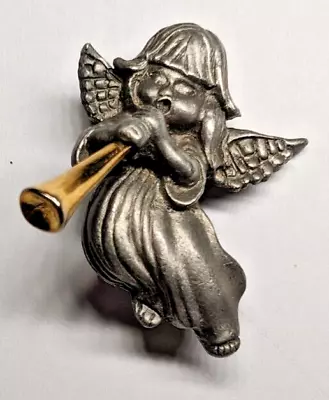 Vintage Pewter Angel W/ Trumpet Brooch Gold And Silver Tone • $5