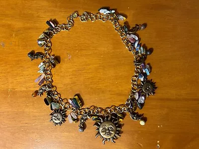 Vintage THREE LADIES Brass Sun /Crescent Moon / Agate 24  Chain Pendant Necklace • $35