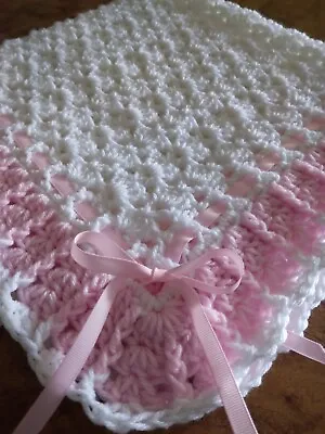$35 • Buy Handmade NEW Crochet Baby Blanket White W/Pink Trim & Ribbon Afghan Shells Sq.