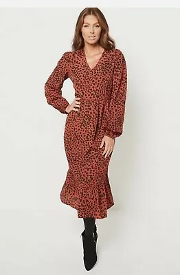 £12.99 • Buy Brown Leopard Print Smock Midi Dress Size 14