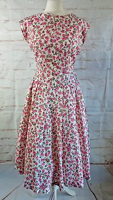 ORIGINAL VINTAGE 40s 50s PINK FLORAL ROSE TEA DRESS FULL SKIRT SWING ROCKABILLY • £54.95