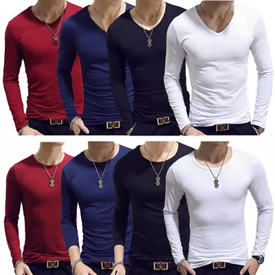 Men's V Neck Round Neck Long Sleeve Basic Shirts Casual Solid Color T-Shirt • $18.89