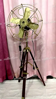 Antique Brass Pedestal Floor Fan Vintage Style With Wooden Tripod Stand Decor • $248.86