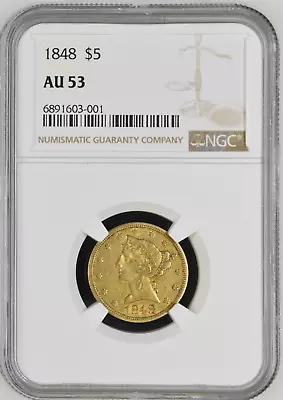 1848 GOLD LIBERTY HEAD HALF EAGLE Coin $5 AU53 NGC • $1000