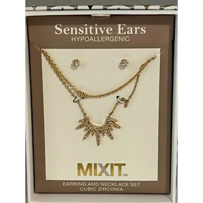MIXIT Earring & Double Strand Necklace Set Cubic Zirconia NIB Goldtone • $5.99