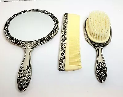 Vintage Silver Plated Floral Scroll Hand Mirror Brush And Comb Vanity Set • $29.99