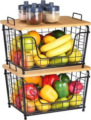 2 Pcs Vegetable Fruit Organizer Bin With Bamboo Lid Stackable Metal Wire Basket • $36.99