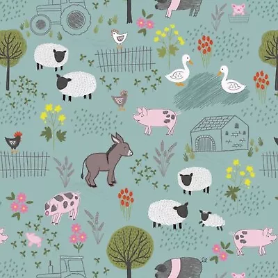 Farmyard On Duck Egg Cotton Patchwork Craft Fabric By The Metre Fat Quarter • £4.80